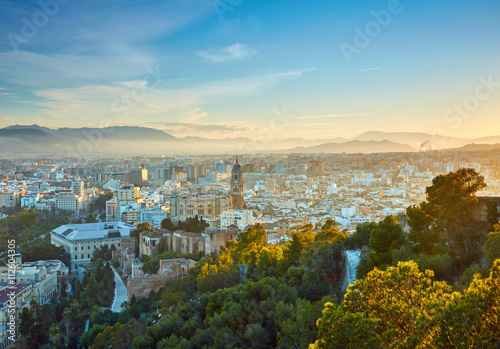 Aerial view of Malaga in sunset lights. Spain