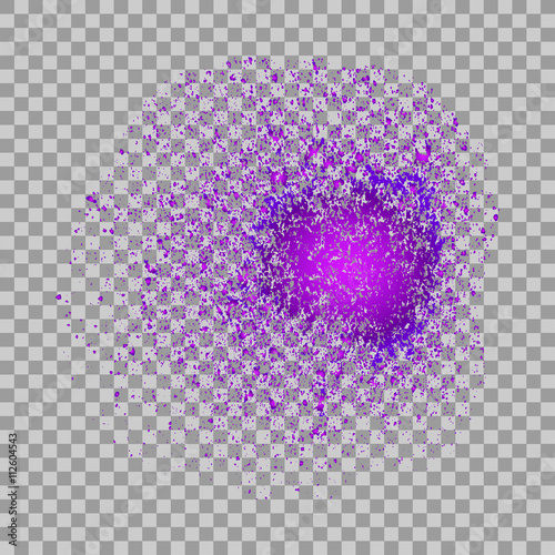 Colorful explosion of paint splatter. Isolated on transparent gray background. Glowing spray stains abstract background, vector illustration