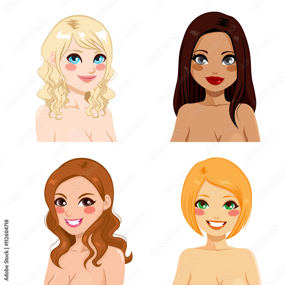 Set of four women with different hairstyles and skin tone color Set of four women with different hairstyles and skin tone color