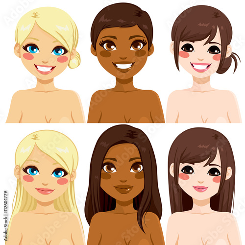 Beautiful different ethnic women with two different hairstyles