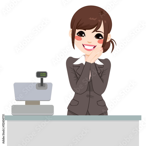 Beautiful gentle asian cashier woman ready to attend customer
