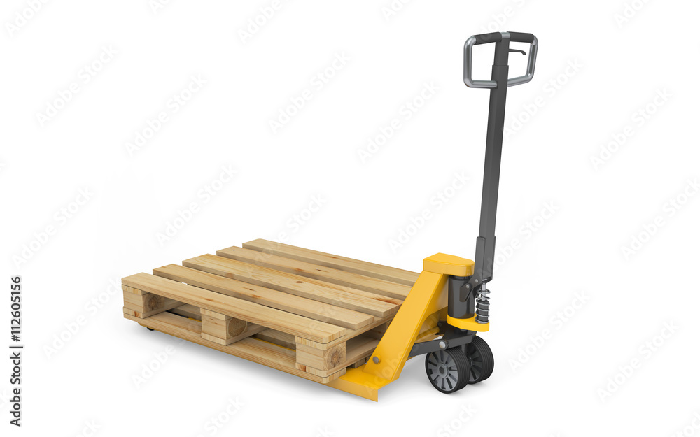 Pallet jack with wooden pallet isolated on white. 3d rendering Pallet jack with wooden pallet isolated on white. 3d rendering