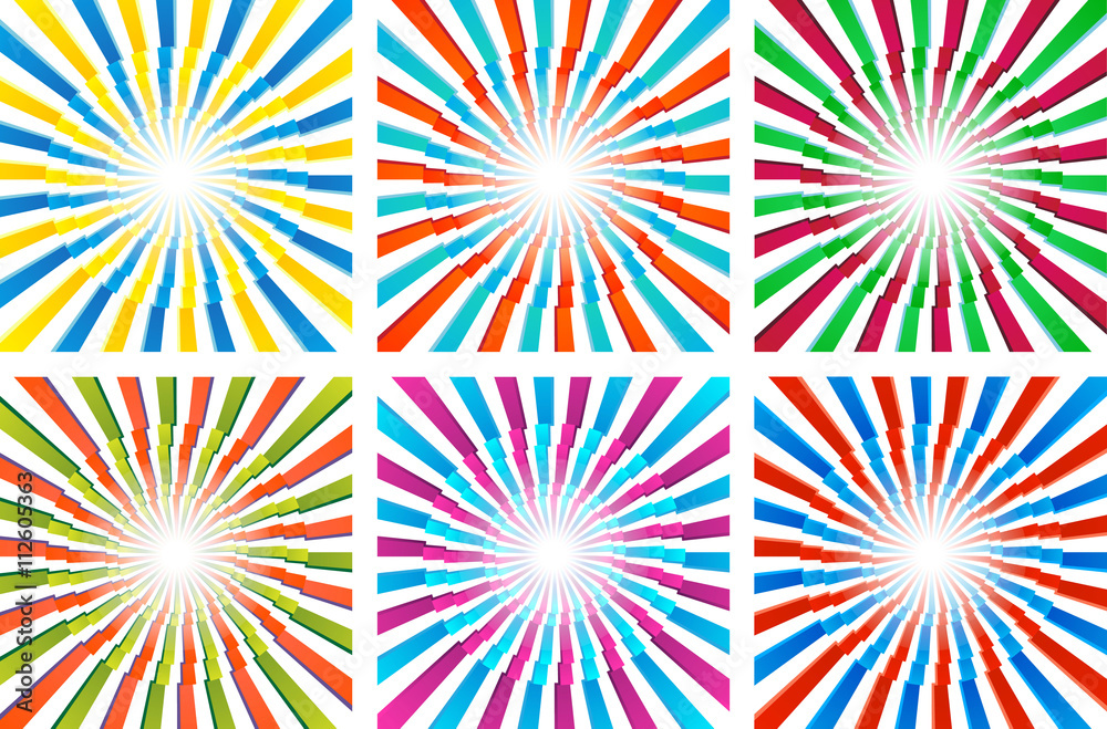 Vector set of colorful backgrounds with concentric lines and ray