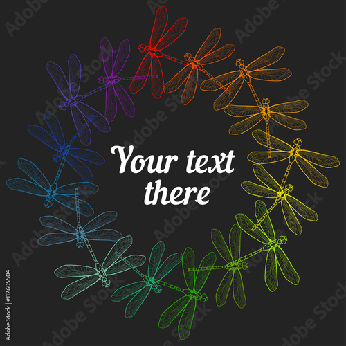 Round colorful frame, like rainbow, with dragonfly. text in centre
