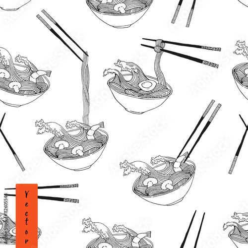 noodle waves in bowl seamless pattern in vector.
