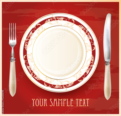 Realistic plate with knife and fork. Menu design template.