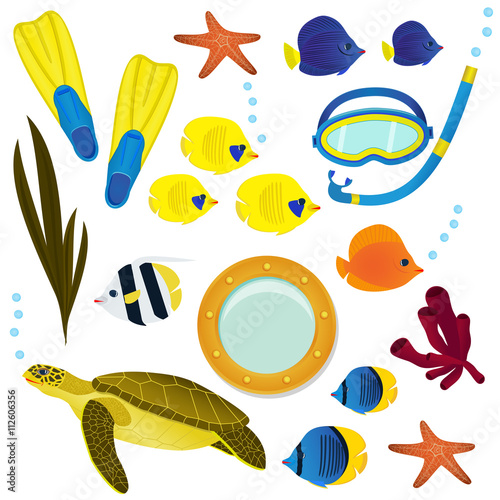 Underwater icon collection on white background. Coral reef colorful fish, turtel and diving equipment set objects