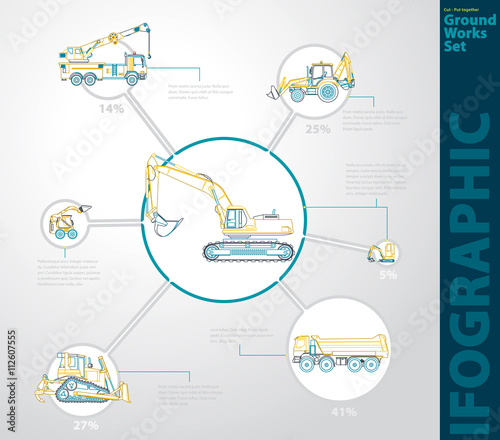Construction machinery infographic set. Outline ground works machines vehicles, white background. Catalog page. Heavy building equipment, truck, digger, bagger, excavator, transportation master vector