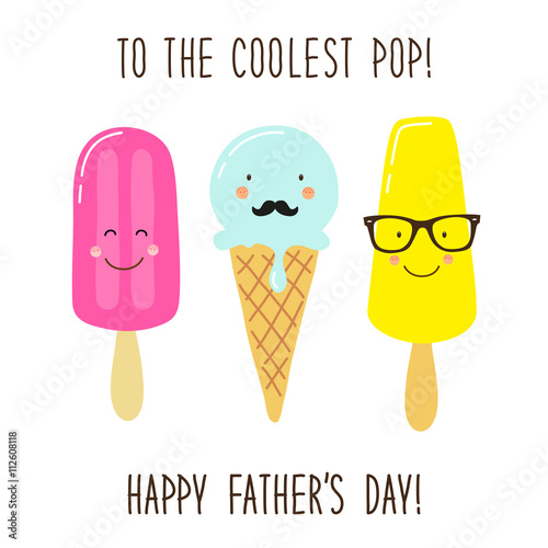 Funny unusual hand drawn Father's Day greeting card with cute cartoon characters of ice cream and comic hand written text