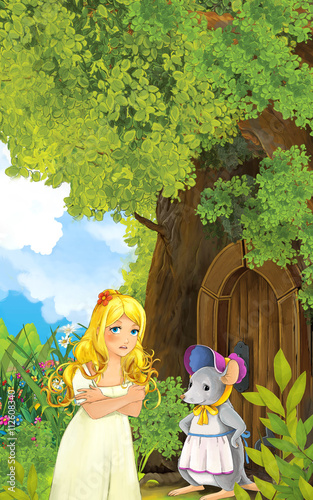 Fototapeta Naklejka Na Ścianę i Meble -  Cartoon fairy tale scene with a young little girl living in a tree house and a mole coming to visit - illustration for children