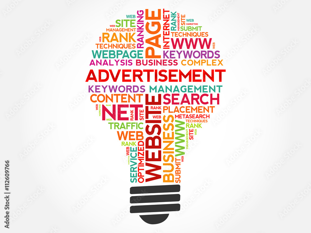 ADVERTISEMENT bulb word cloud, business concept ADVERTISEMENT bulb word cloud, business concept