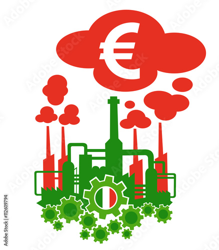 Factory in the colors of flag of Italy as metaphor of Italian industry and its financial profit or crisis expressed as income of euro 