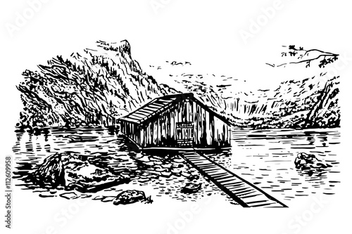 drawing background landscape view of the hut and the mountains in the beautiful alpine lake Obersee in Germany, sketch hand drawn vector illustration