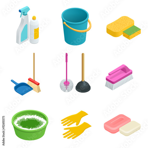 Vector set of cleaning tools. Home clean, sponge, broom, bucket, mop, cleaning brush. Graphic concept for web sites, web banner, mobile apps, infographics. Flat 3d vector isometric illustration.