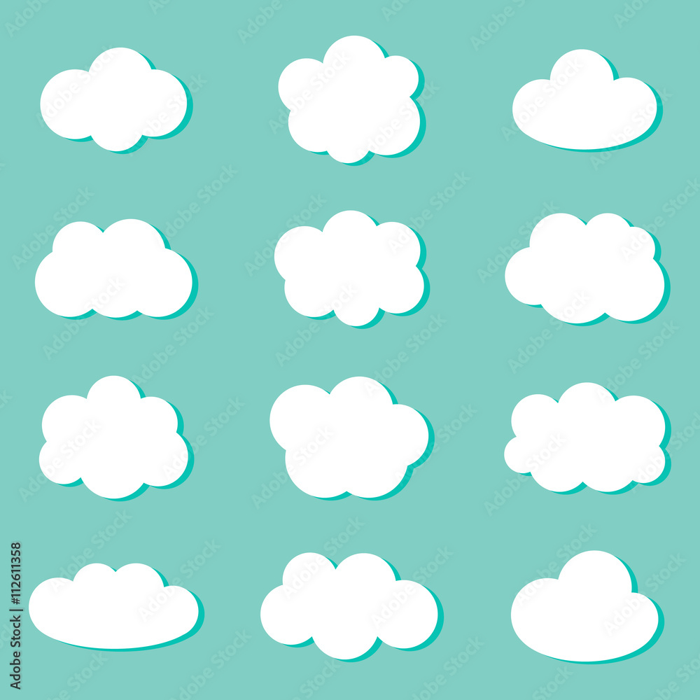 Flat design white cute cartoon clouds on mint green background. Cloud icons set, collection.