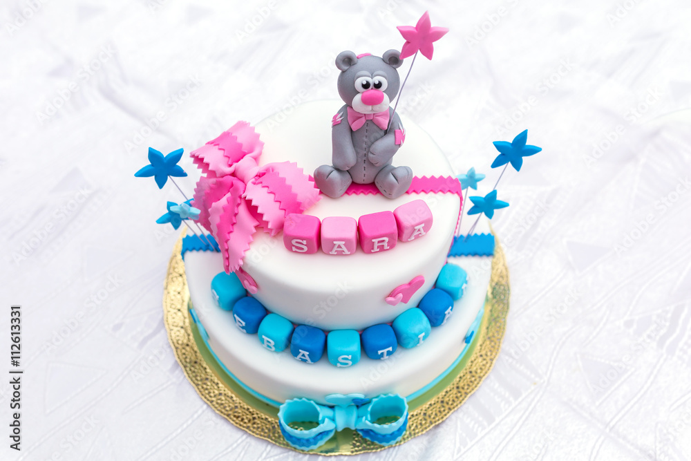 Birthday Cake For Baby Boy And Girl Twins With Names Stock Photo Adobe Stock