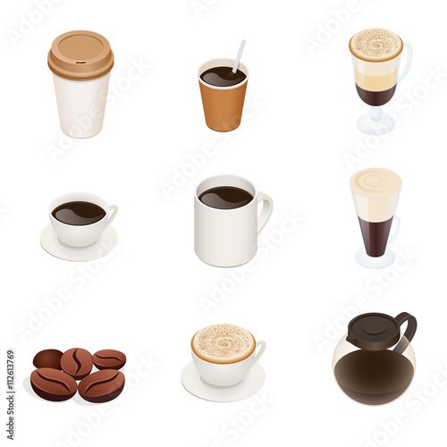 Coffee types. Vector coffee cup icons. Graphic concept for web sites, web banner, mobile apps, infographics. Flat 3d vector isometric illustration.
