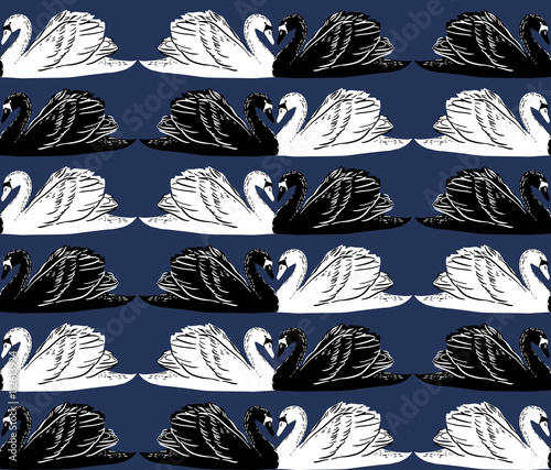vector seamless gentle romantic graphical swan birds regular pattern, linear placement, outlined silhouettes