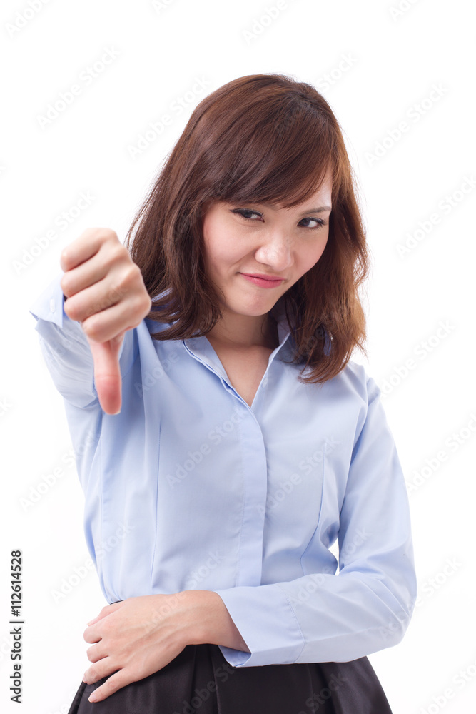unhappy woman office worker giving thumb down, studio isolated o unhappy woman office worker giving thumb down, studio isolated o