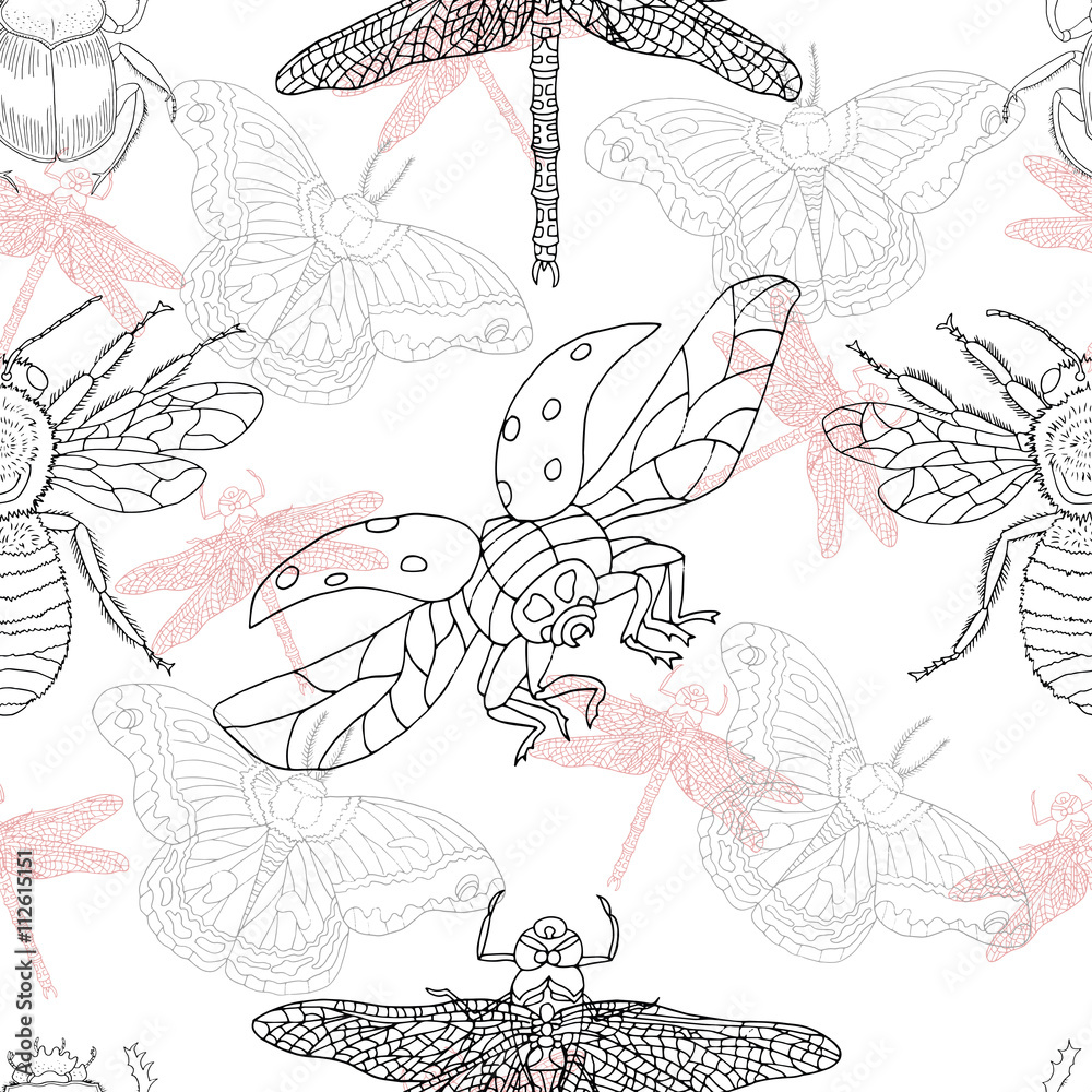 Seamless background with dragonfly, bee, ladybug and butterfly