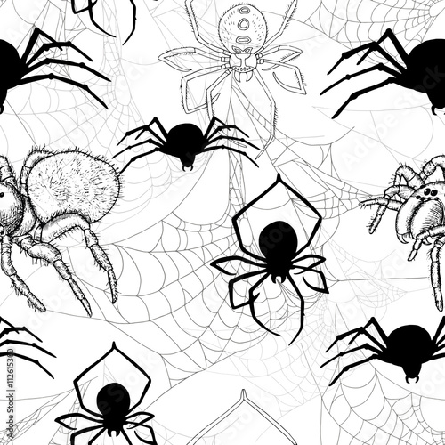 Seamless pattern with black spiders and cobweb on white
