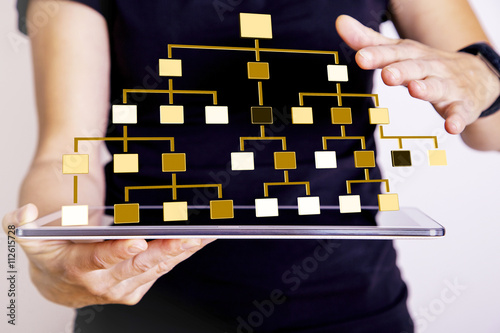 Woman with tablet PC displays hierarchical structure photo