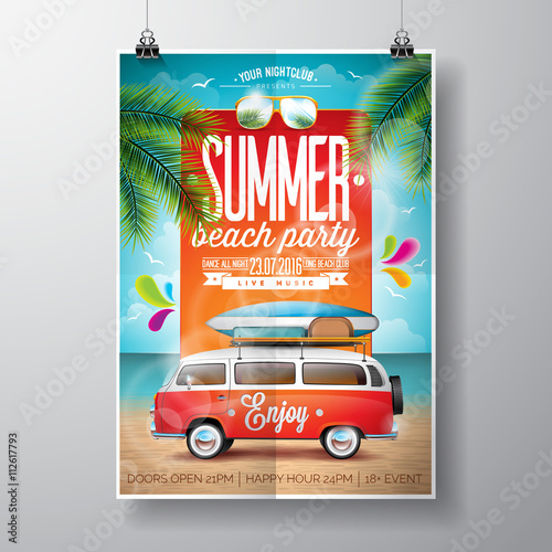 Vector Summer Beach Party Flyer Design with travel van and surf board on ocean landscape background.