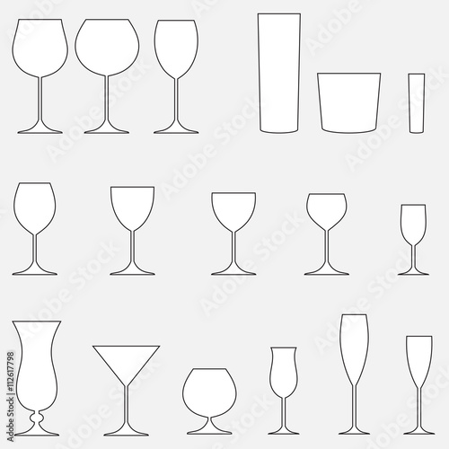 Glass icon set. Stemware for a different drinks. Glasses goblets, cocktail glasses collection. Vector illustration.