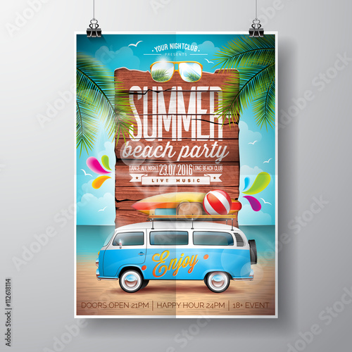 Vector Summer Beach Party Flyer Design with travel van and surf board on ocean landscape background. Typographic design on vintage wood.