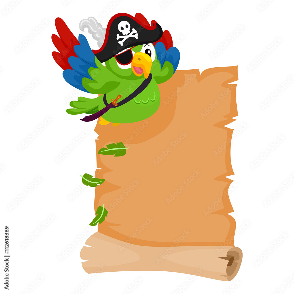 Naklejka premium Vector Illustration of Pirate Parrot with Blank Scroll