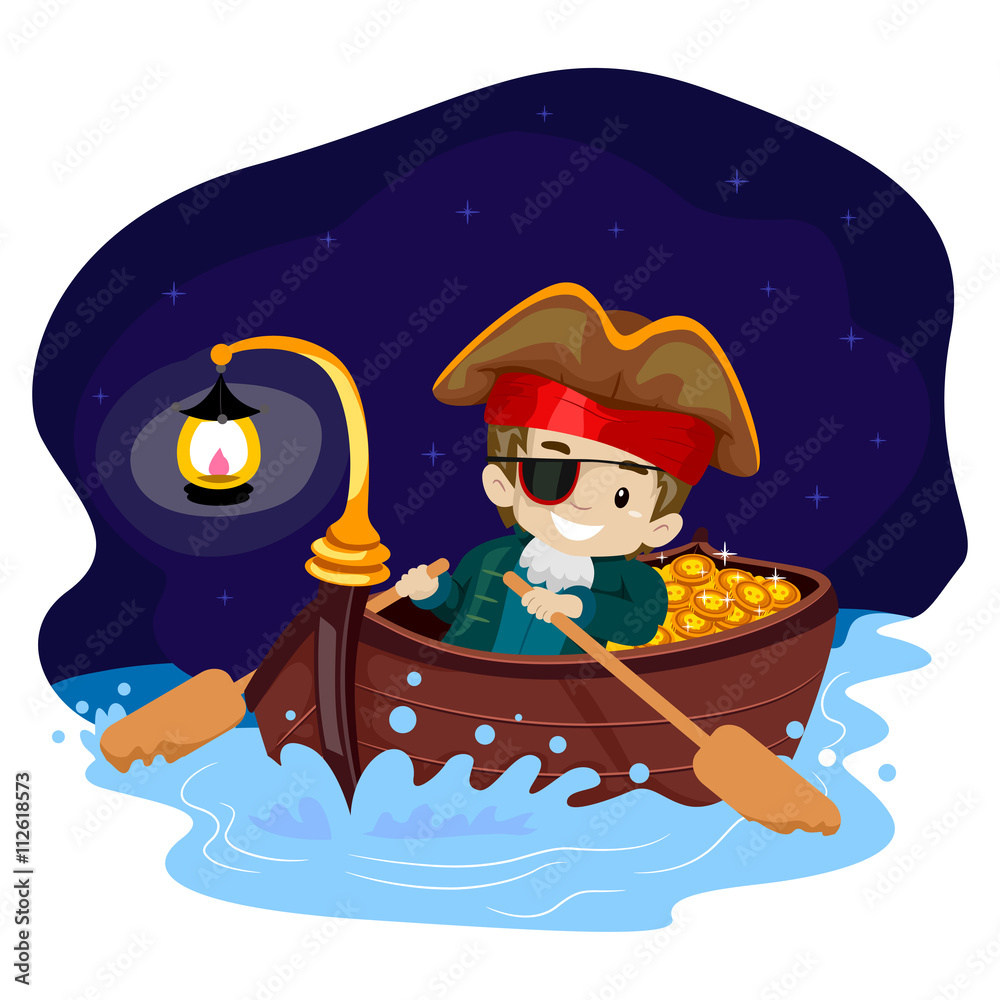 Vector Illustration of Pirate Kid on Boat at Night