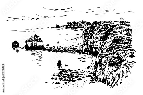 background landscape view of the golden coast caves and coastal islands in Lagos, ink sketch graphics vector illustration