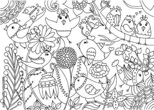 Birds and flowers coloring page
