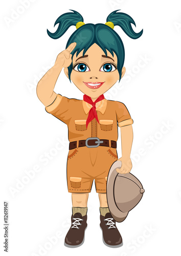 Young happy boy scout girl doing a hand sign and holding Safari hat