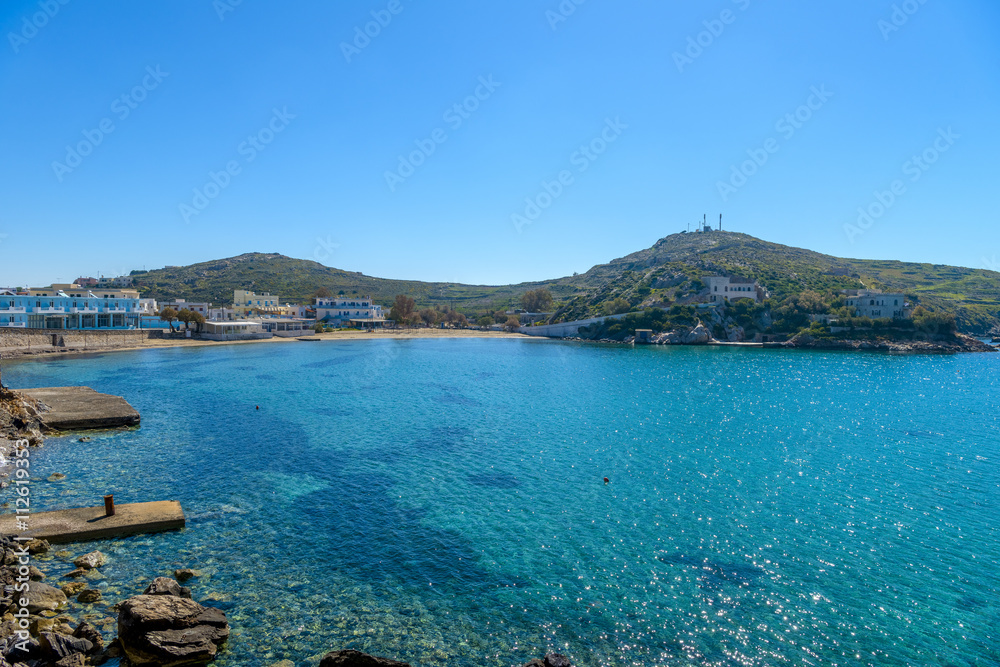 Vari beach in Syros, Cyclades, Greece. Panoramic view of one of