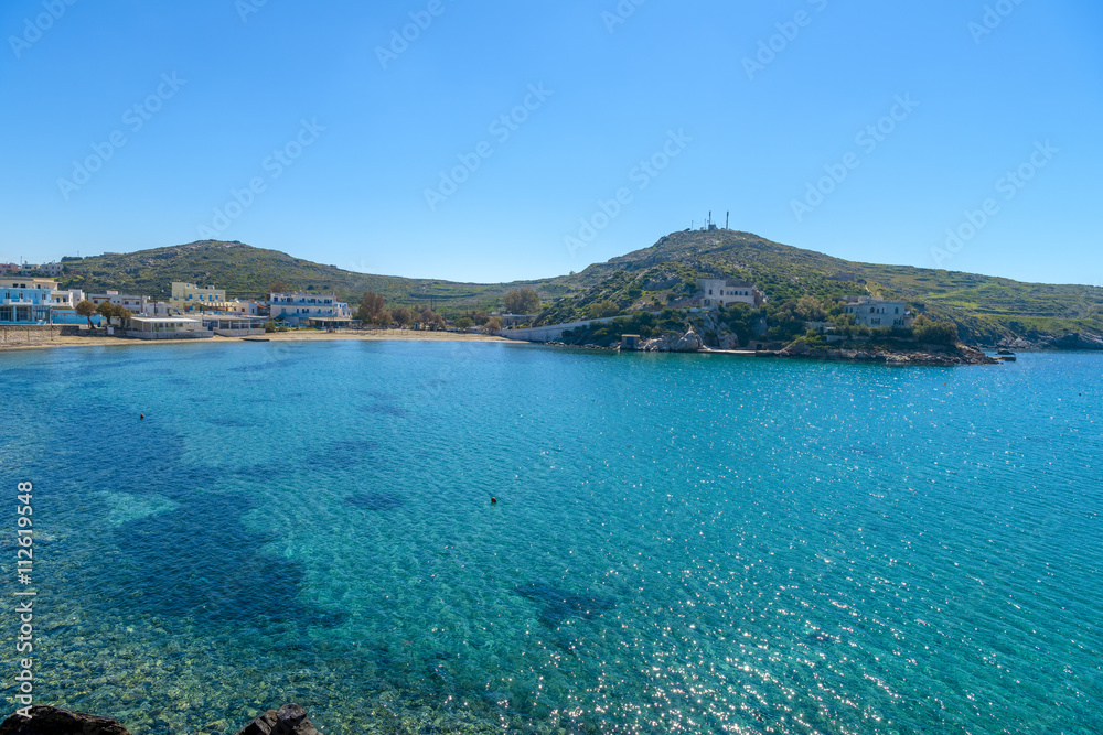 Vari beach in Syros, Cyclades, Greece. Panoramic view of one of