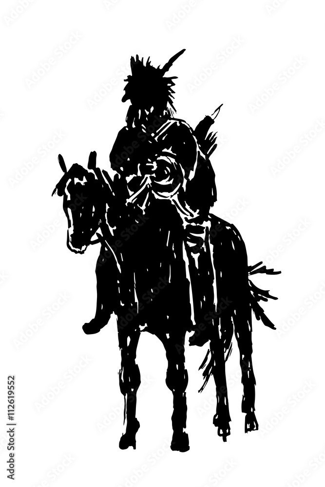 drawing silhouette of American Indian riding a horse, sketch hand drawn ...