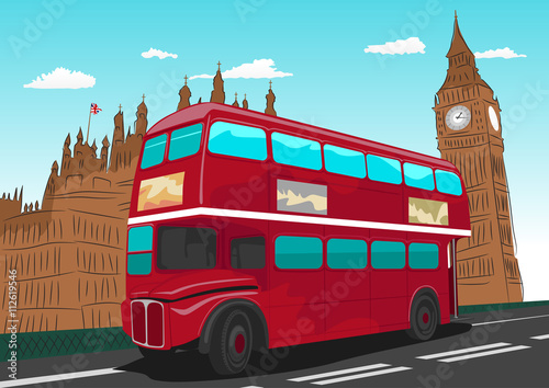 Big Ben with red double-decker bus in London  UK