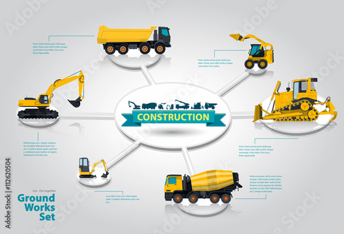 Construction machinery infographic set. Isometric ground works machines vehicles, white background. Catalog page. Heavy building equipment, truck, digger bagger excavator, transportation master vector