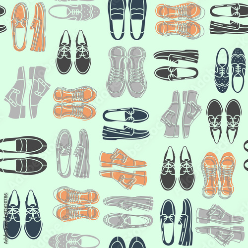 Seamless pattern with flat icons of mens shoes
