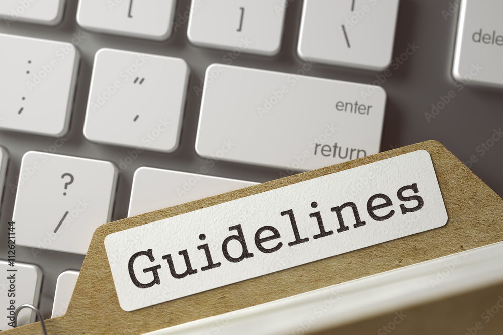 Guidelines Concept. Word on Folder Register of Card Index. Card File Concept on Background of Modern Keyboard. Closeup View. Selective Focus. Toned Image. 3D Rendering. Guidelines Concept. Word on Folder Register of Card Index. Card File Concept on Background of Modern Keyboard. Closeup View. Selective Focus. Toned Image. 3D Rendering.