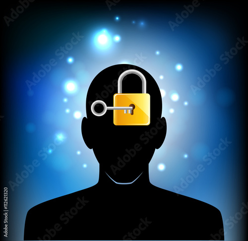 human head silhouette with key icon inside