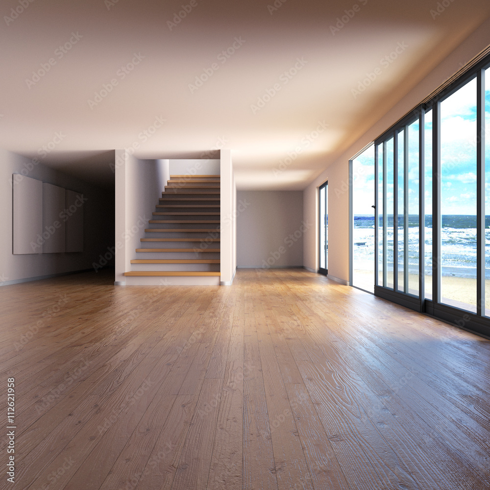 Raum mit Holzfußboden und Treppe an der See Raum mit Holzfußboden und Treppe an der See