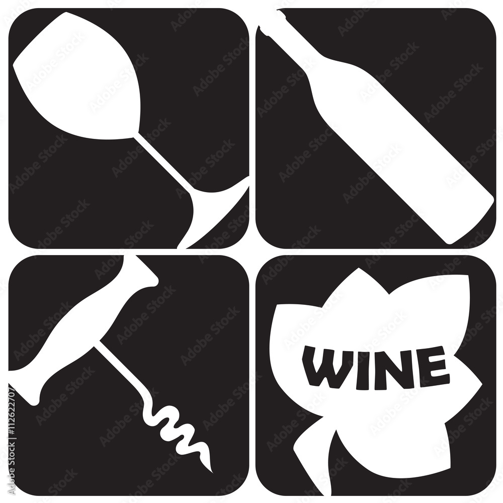 Wine design elements with wine bottle, glass corkscrew and grape leaf icons. Vector illustration. Wine design elements with wine bottle, glass corkscrew and grape leaf icons. Vector illustration.