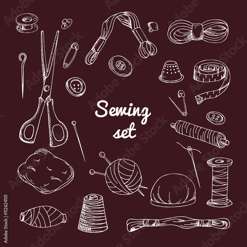 Vector set with sewing equipment. Hand drawn tailor tools.