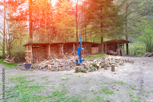 Cuadro en lienzo Log splitter in the middle of a rural scene with wood and forest