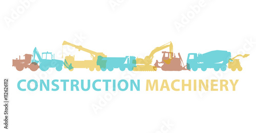 Construction machinery icon symbol. Ground works sign. Machines vehicles brand mark. Heavy construction equipment for building truck, digger, crane, bagger, mix, excavator. Illustration master vector.