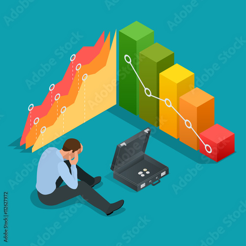 Bad businessman. Not successful businessman. Depressed Businessman Leaning His Head Below a Bad Stock Market Chart. Flat 3d vector isometric illustration.