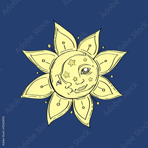 Lovely hand-drawn vector stylized image of the celestial bodies - the sun, moon and stars. Traditional sacred symbols.