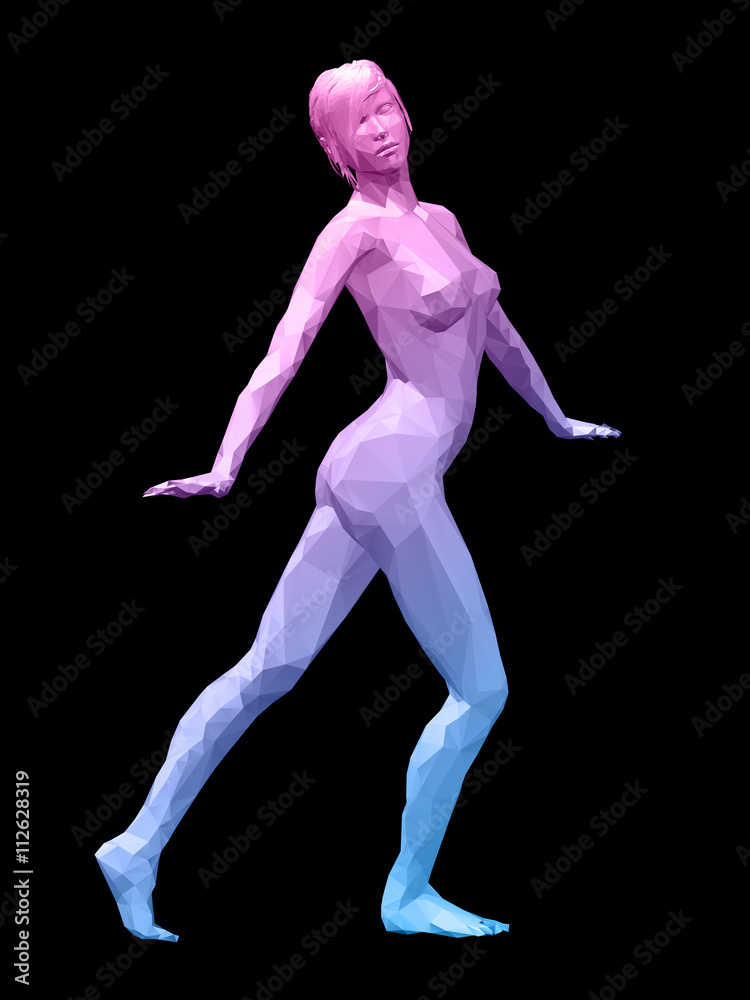 colorful 3D woman body with polygon surface on black background.